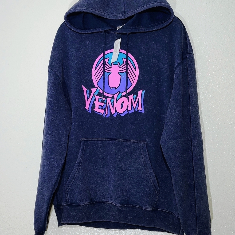 Marvel Venom Hoodie Acid Wash Navy Blue Adult Large Graphic Pullover NWT